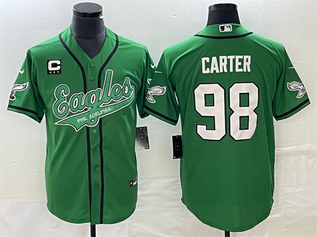 Men's Philadelphia Eagles #98 Jalen Carter Green With C Patch Cool Base Stitched Baseball Jersey